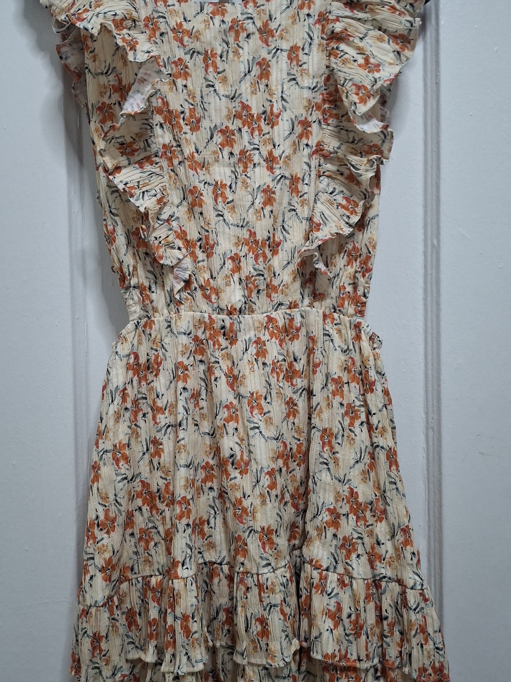 MINKPINK Floral Ruffle Mini Dress Side Cutout Cream Orange Size S NWT - Picture 11 of 17